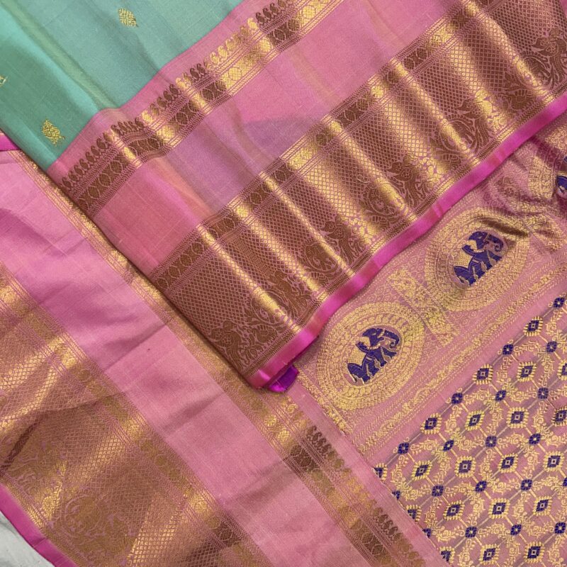 Sea Green & Pink Handloom Pure Silk Gadwal Saree - view 3