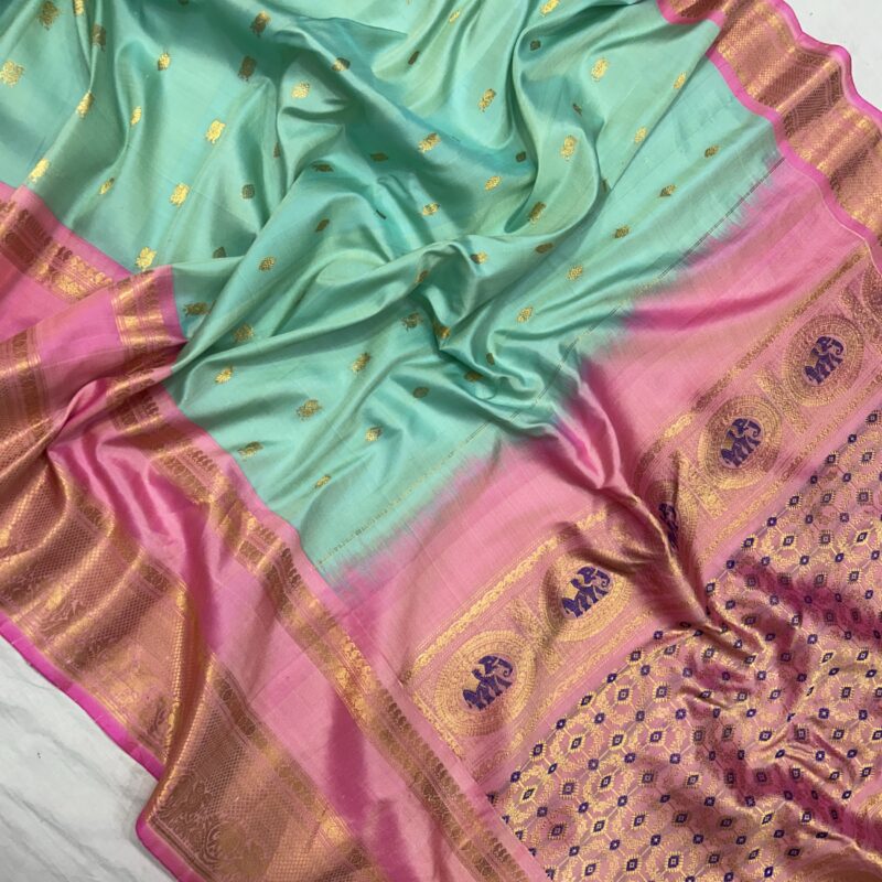 Sea Green & Pink Handloom Pure Silk Gadwal Saree - view 2
