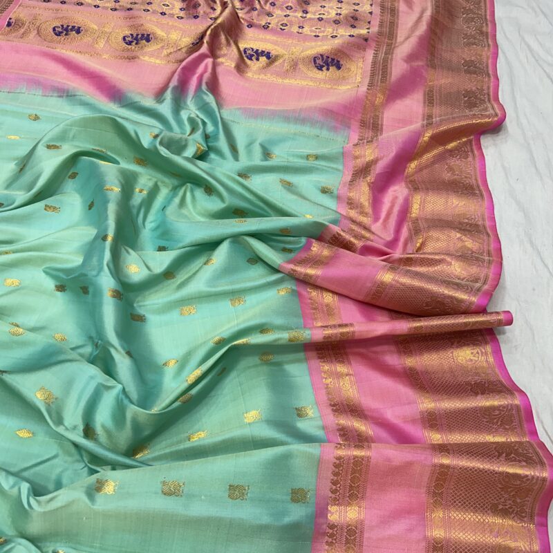 Sea Green & Pink Handloom Pure Silk Gadwal Saree