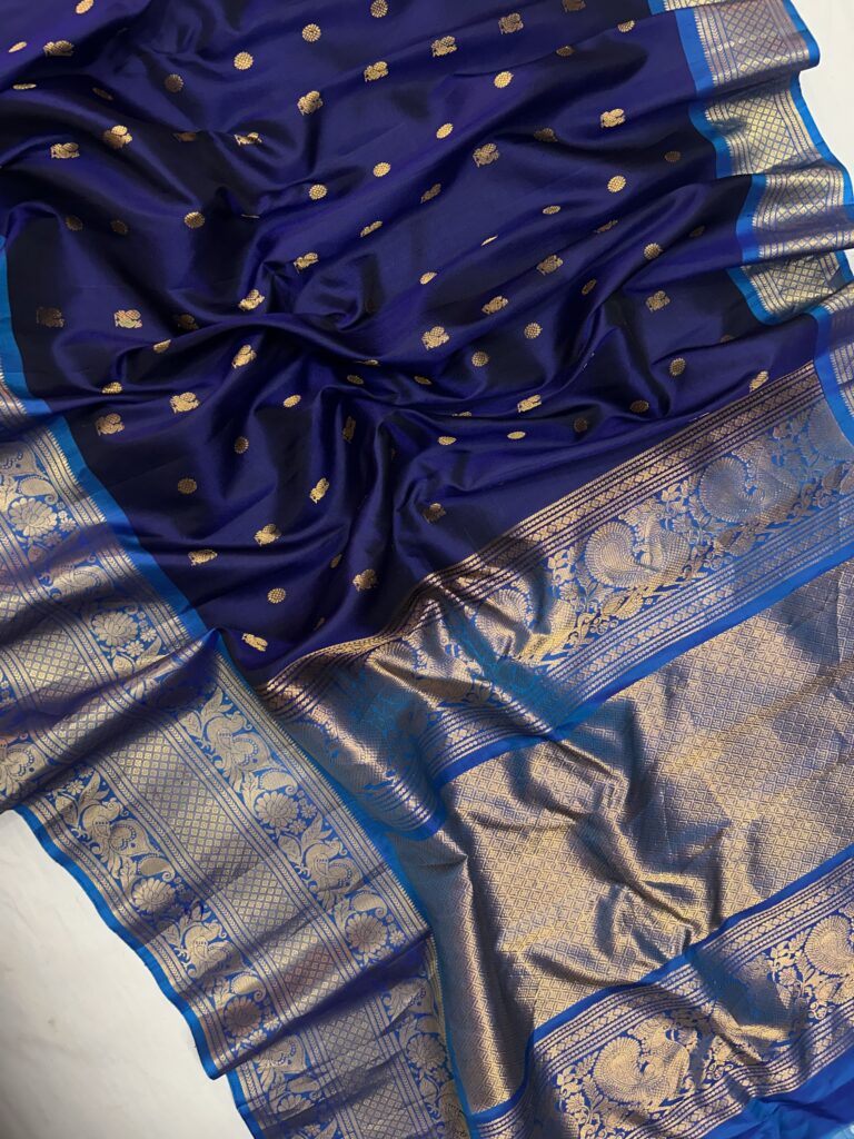 Navy Blue & Peacock Blue Handloom Pure Silk Gadwal Saree
