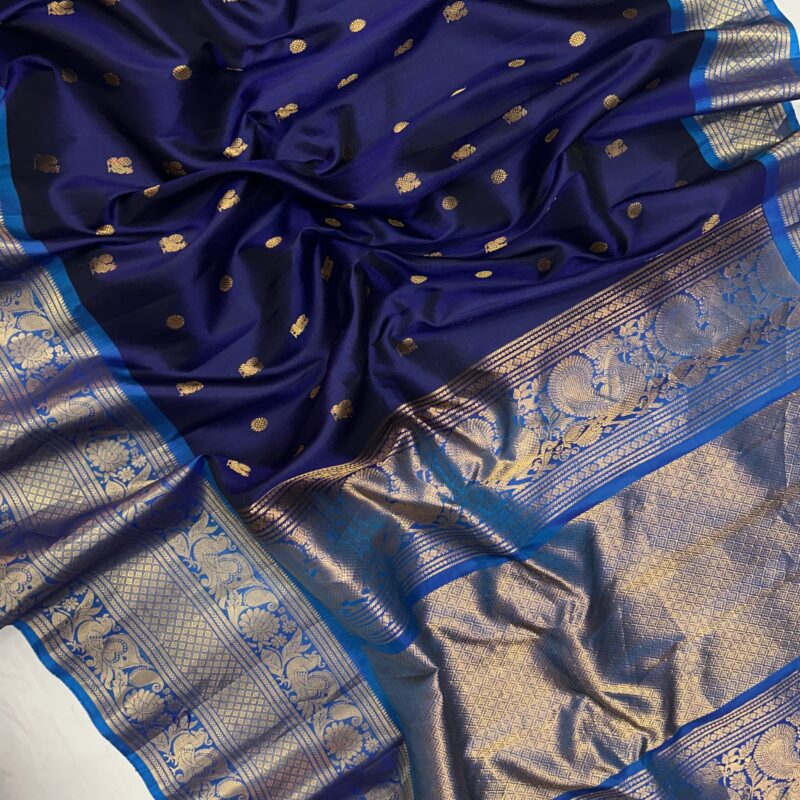 Navy Blue & Peacock Blue Handloom Pure Silk Gadwal Saree