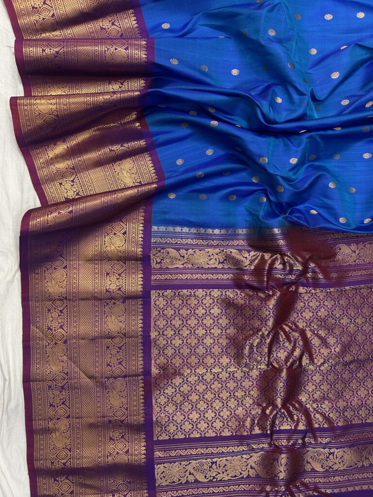 Royal Blue & Wine Handloom Pure Silk Gadwal Saree - view 3