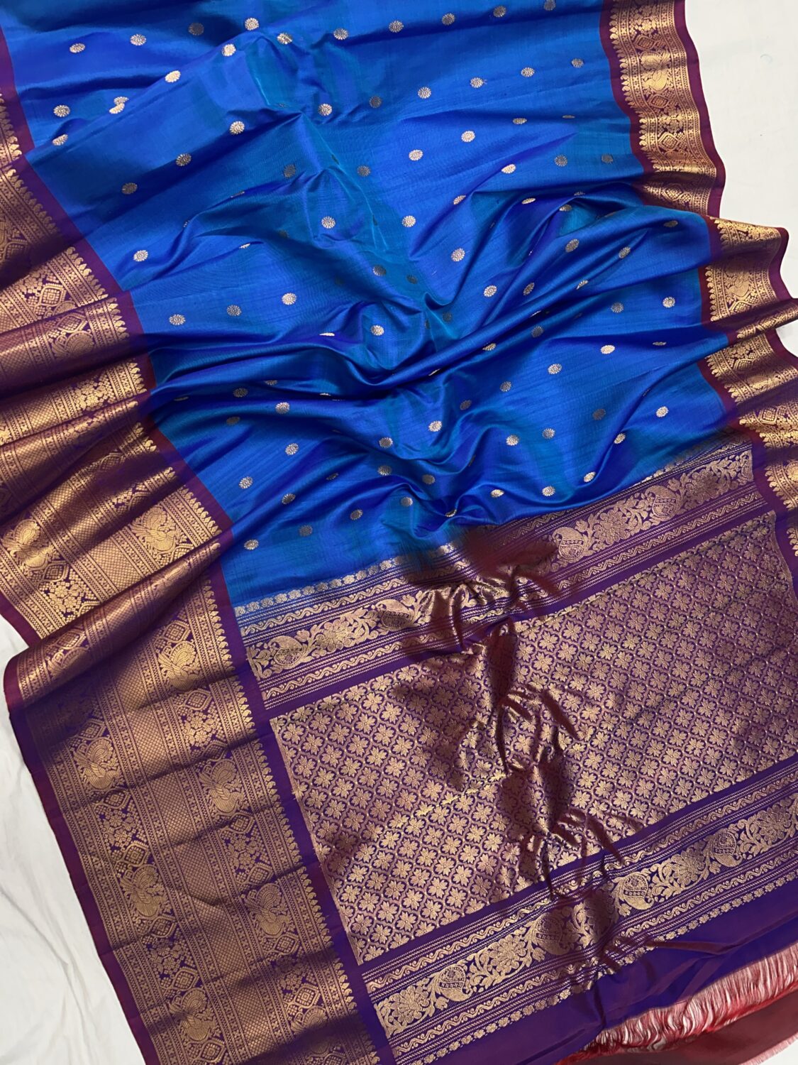 Royal Blue & Wine Handloom Pure Silk Gadwal Saree