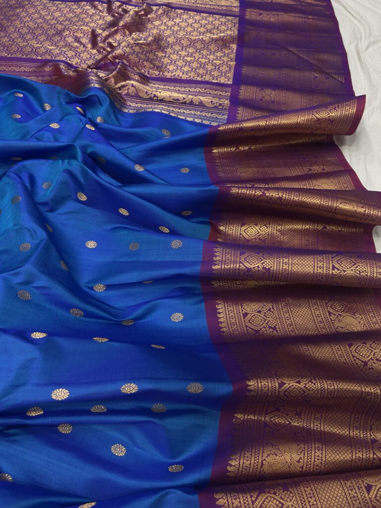 Royal Blue & Wine Handloom Pure Silk Gadwal Saree