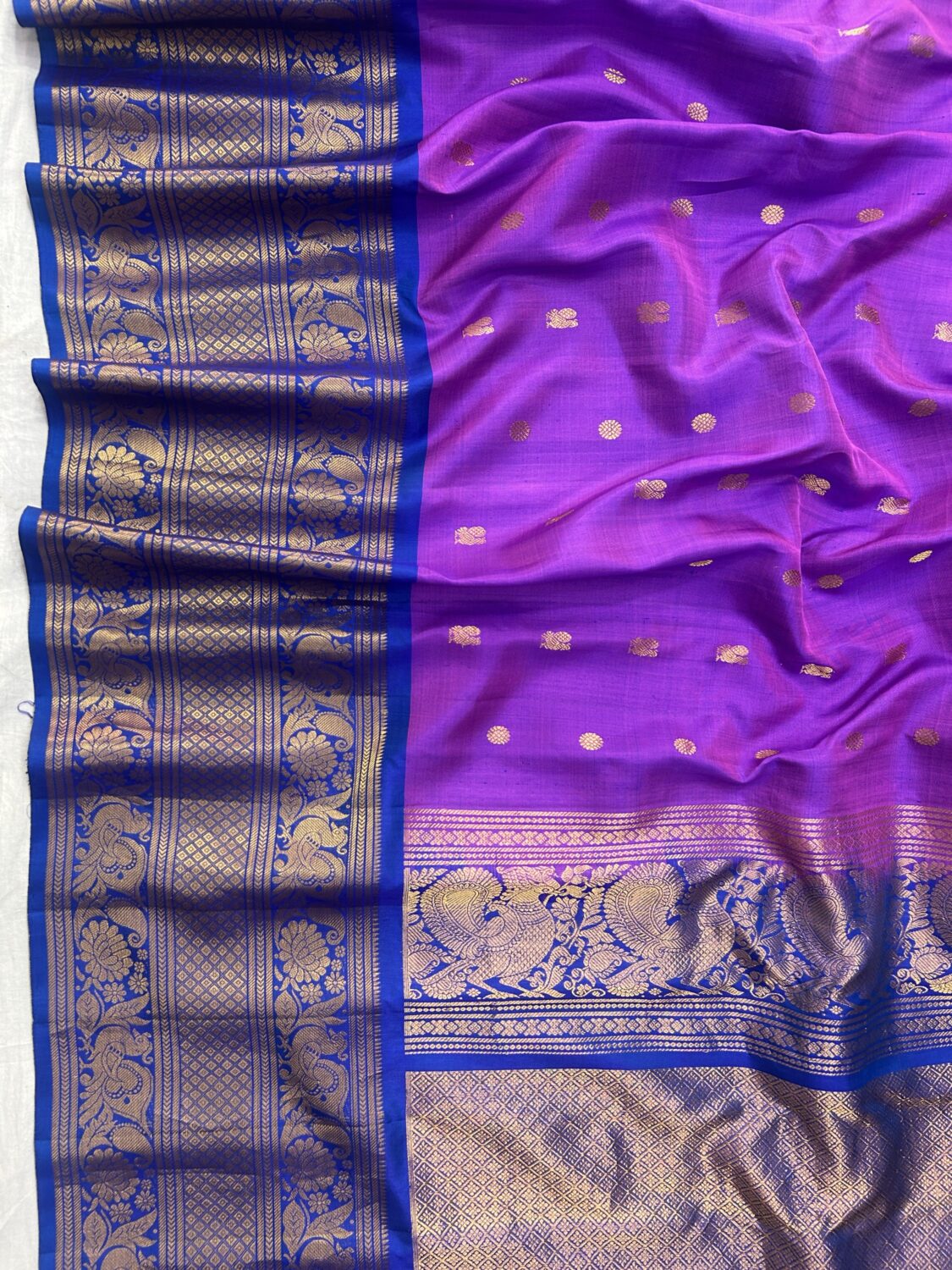Purple Royal Blue Contrast Pure Gadwal Handloom Silk Saree