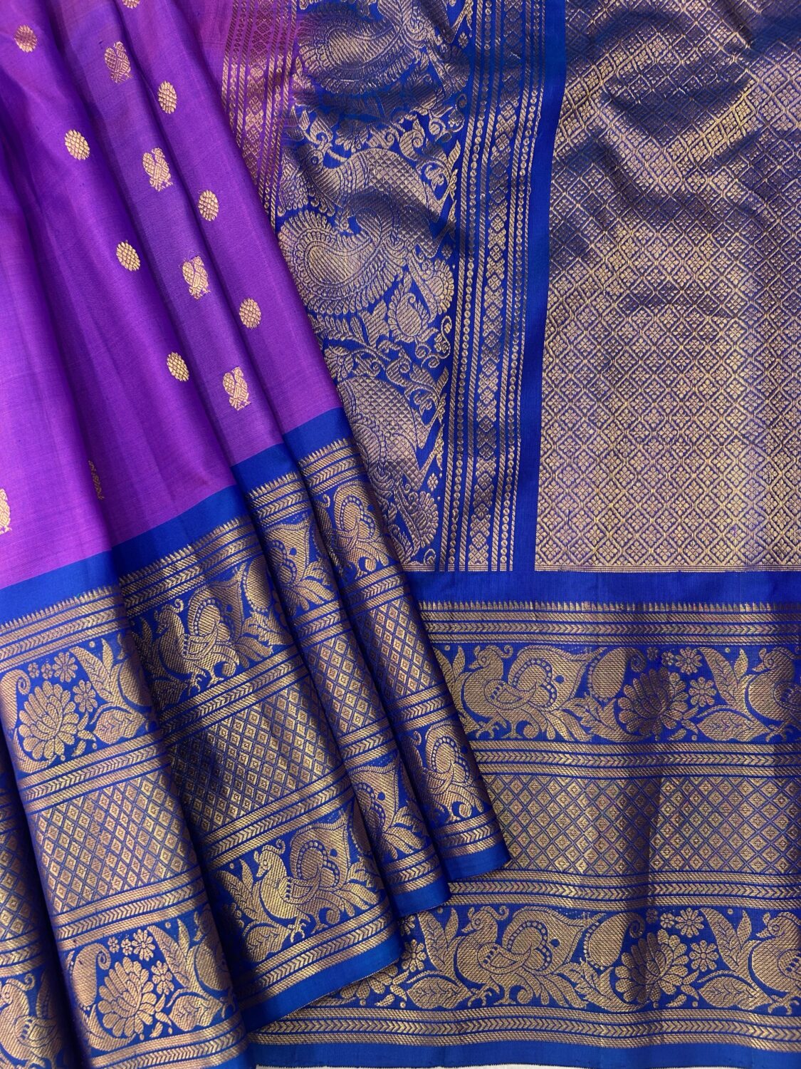 Purple Royal Blue Contrast Pure Gadwal Handloom Silk Saree