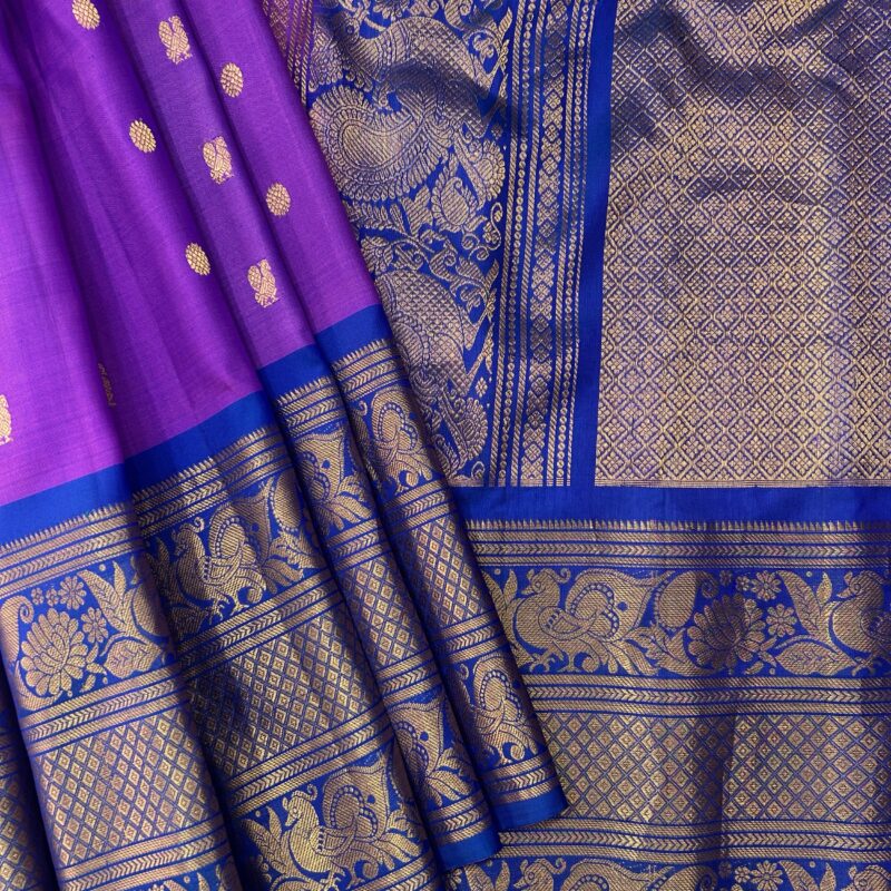 Purple Royal Blue Contrast Pure Gadwal Handloom Silk Saree