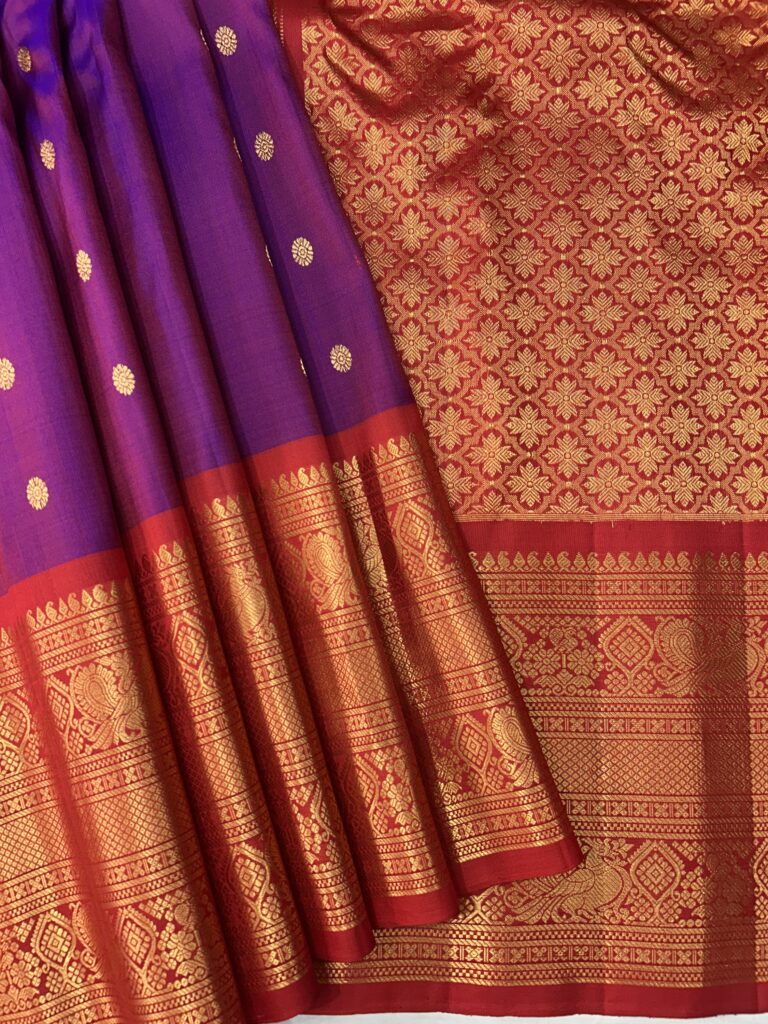 Purple Red Contrast Pure Gadwal Handloom Silk Saree