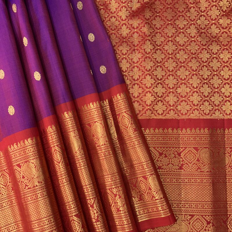Purple Red Contrast Pure Gadwal Handloom Silk Saree