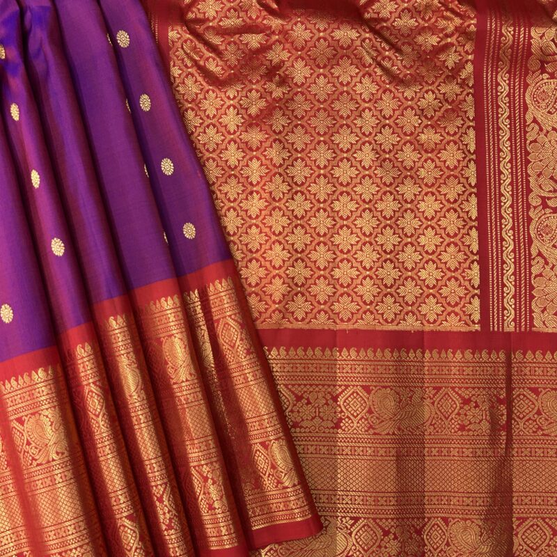 Purple Red Contrast Pure Gadwal Handloom Silk Saree - view 6