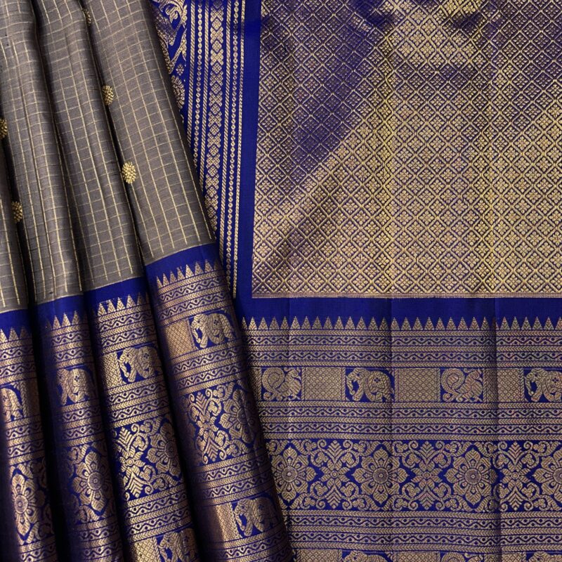 Grey Royal Blue Contrast Pure Gadwal Handloom Silk Saree