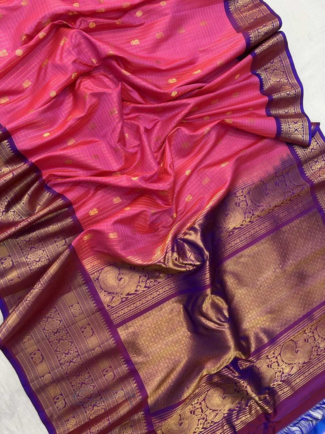Pink Purple Contrast Pure Gadwal Handloom Silk Saree