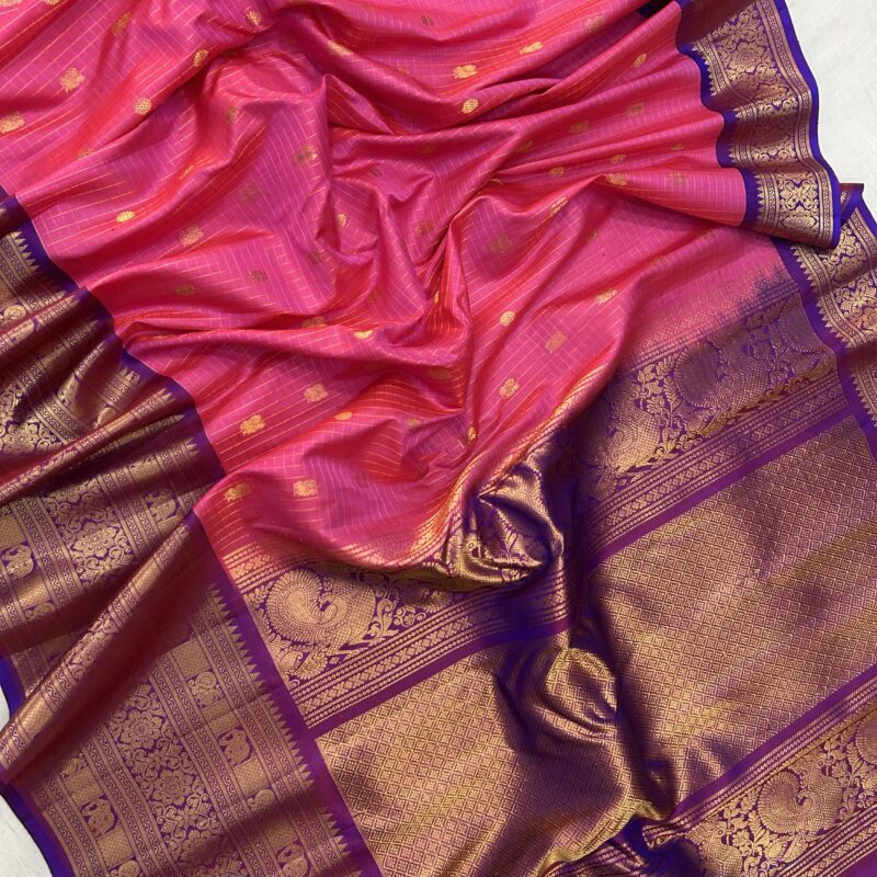 Pink Purple Contrast Pure Gadwal Handloom Silk Saree - view 4