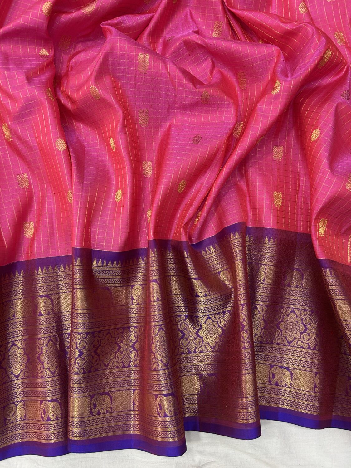 Pink Purple Contrast Pure Gadwal Handloom Silk Saree