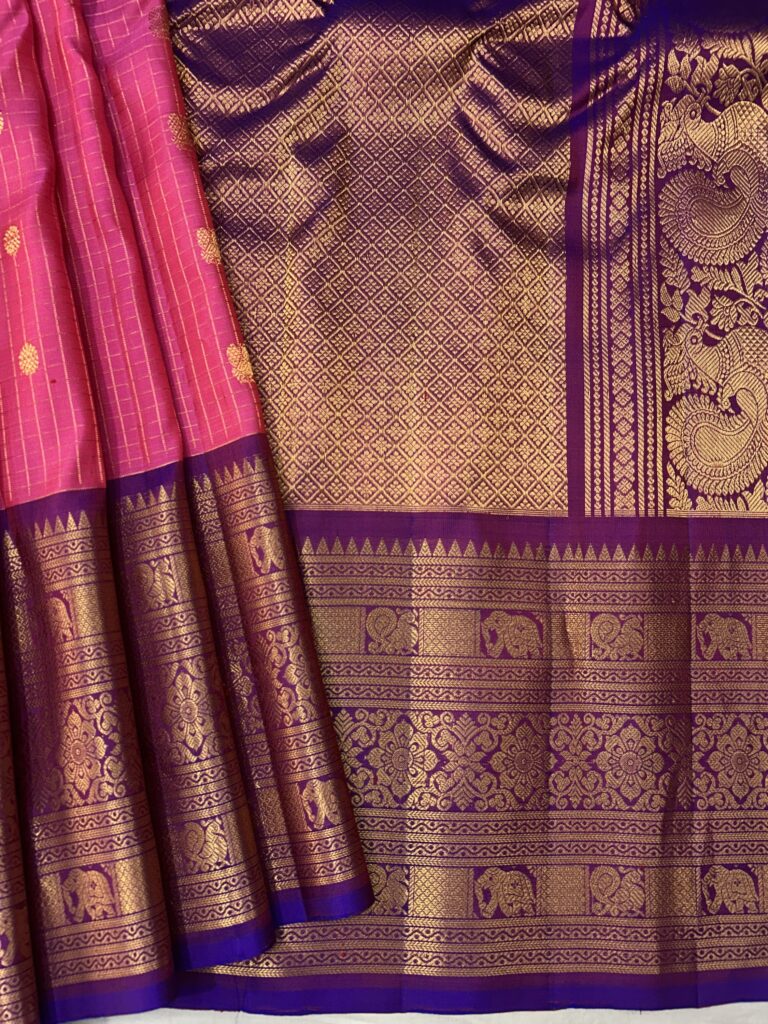 Pink Purple Contrast Pure Gadwal Handloom Silk Saree