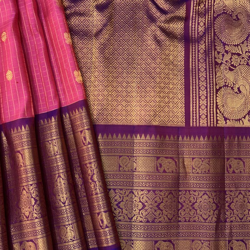 Pink Purple Contrast Pure Gadwal Handloom Silk Saree