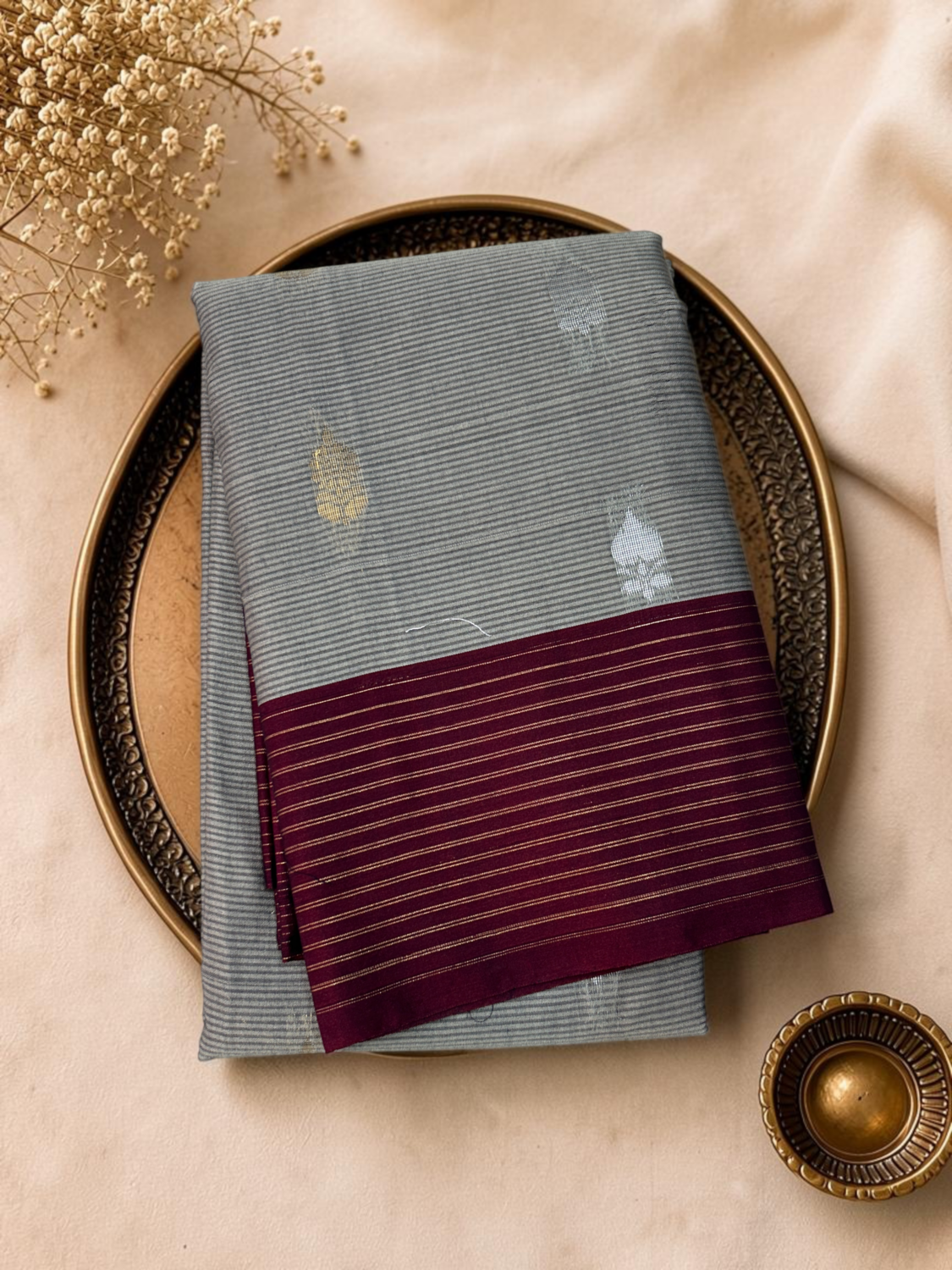 Grey Maroon Contrast Sico Gadwal Saree