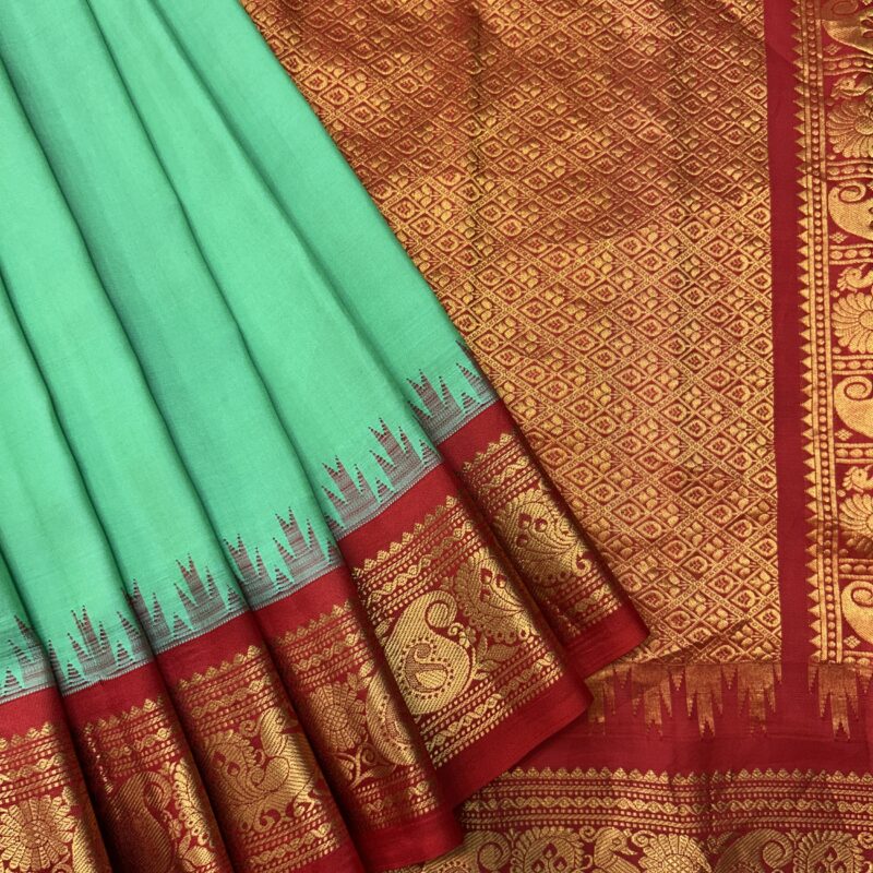 Sea Green Red Pure Silk Gadwal Saree