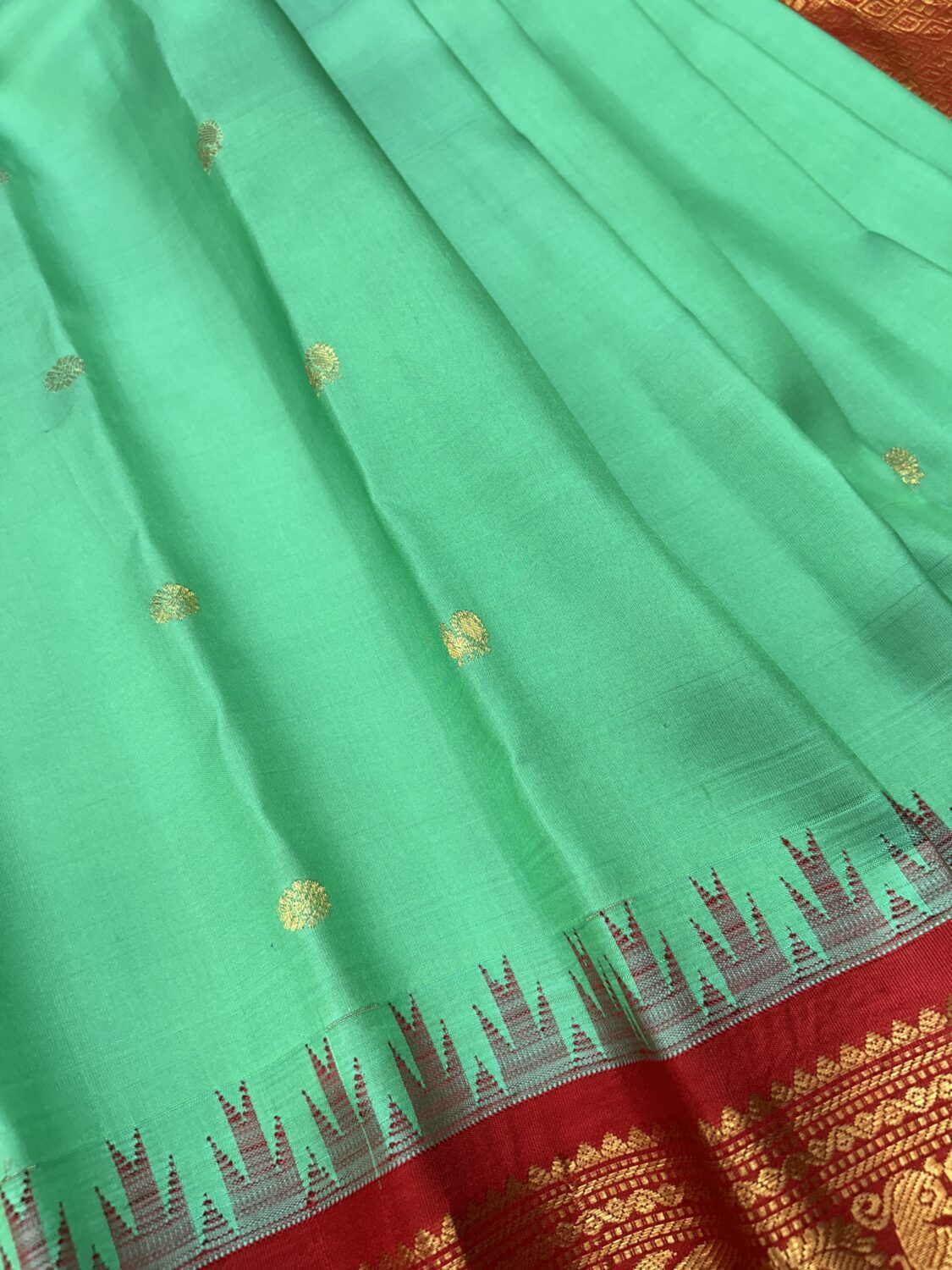 Sea Green Red Pure Silk Gadwal Saree