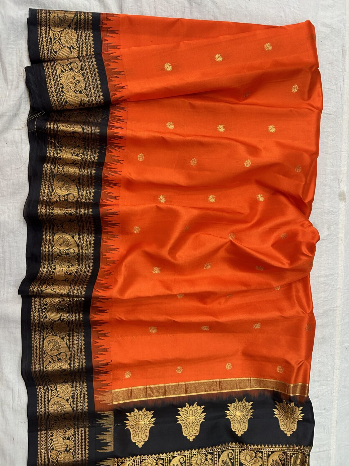 Orange Black Pure Silk Gadwal Saree
