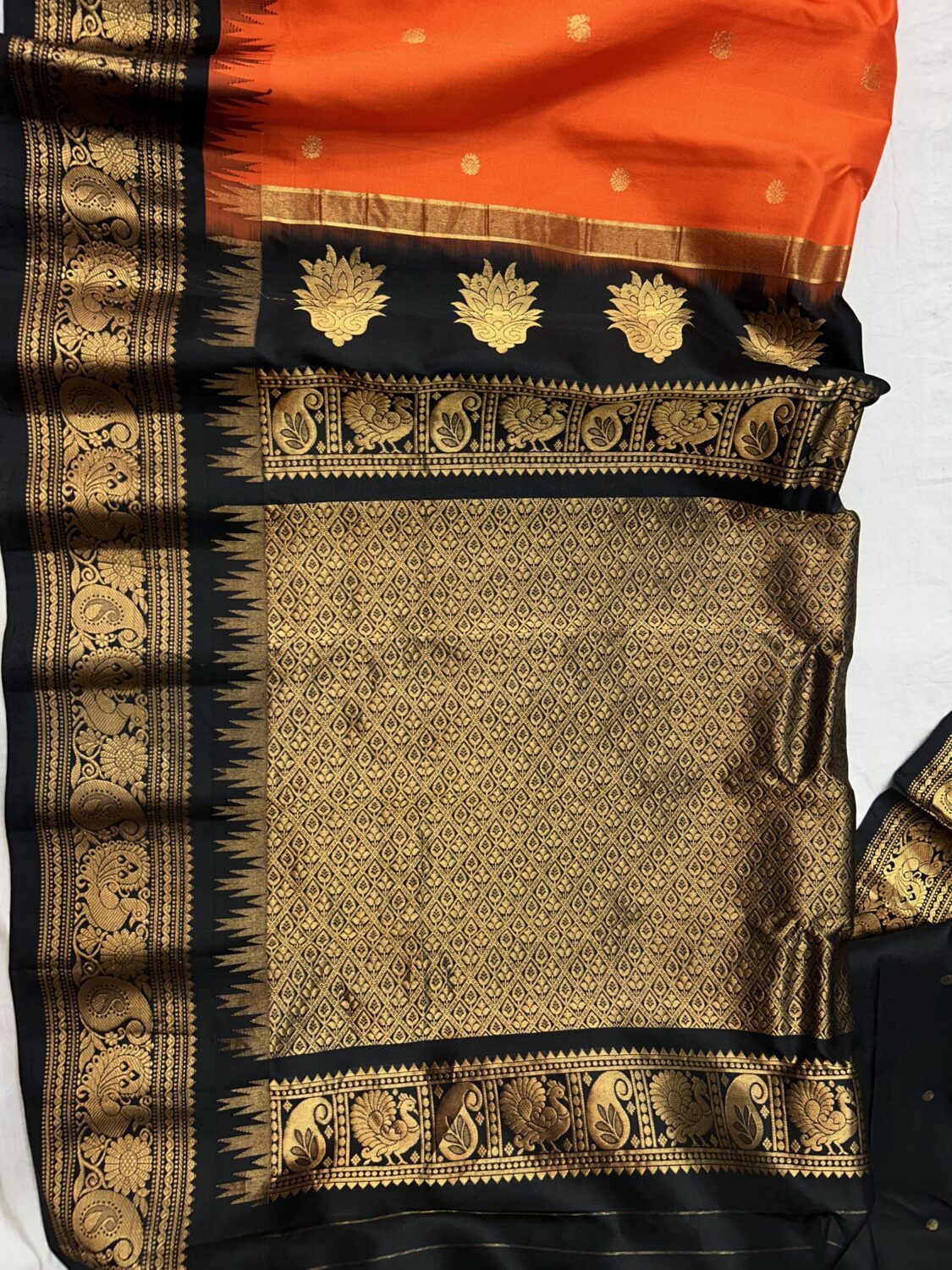 Orange Black Pure Silk Gadwal Saree