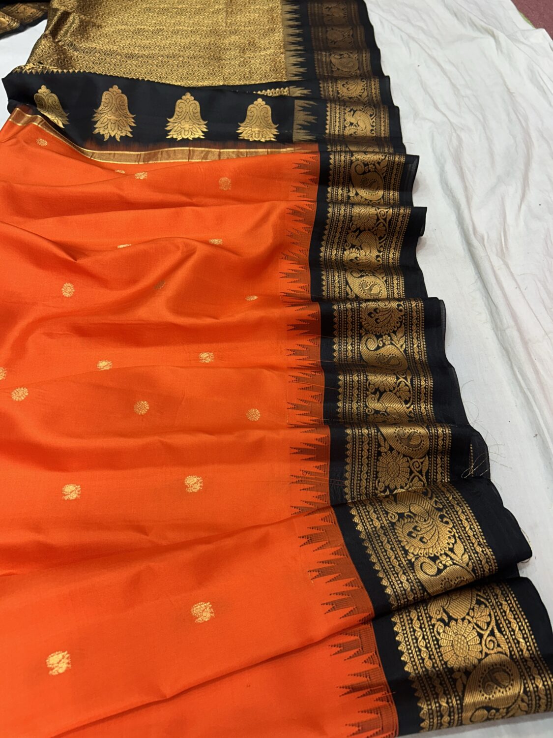 Orange Black Pure Silk Gadwal Saree