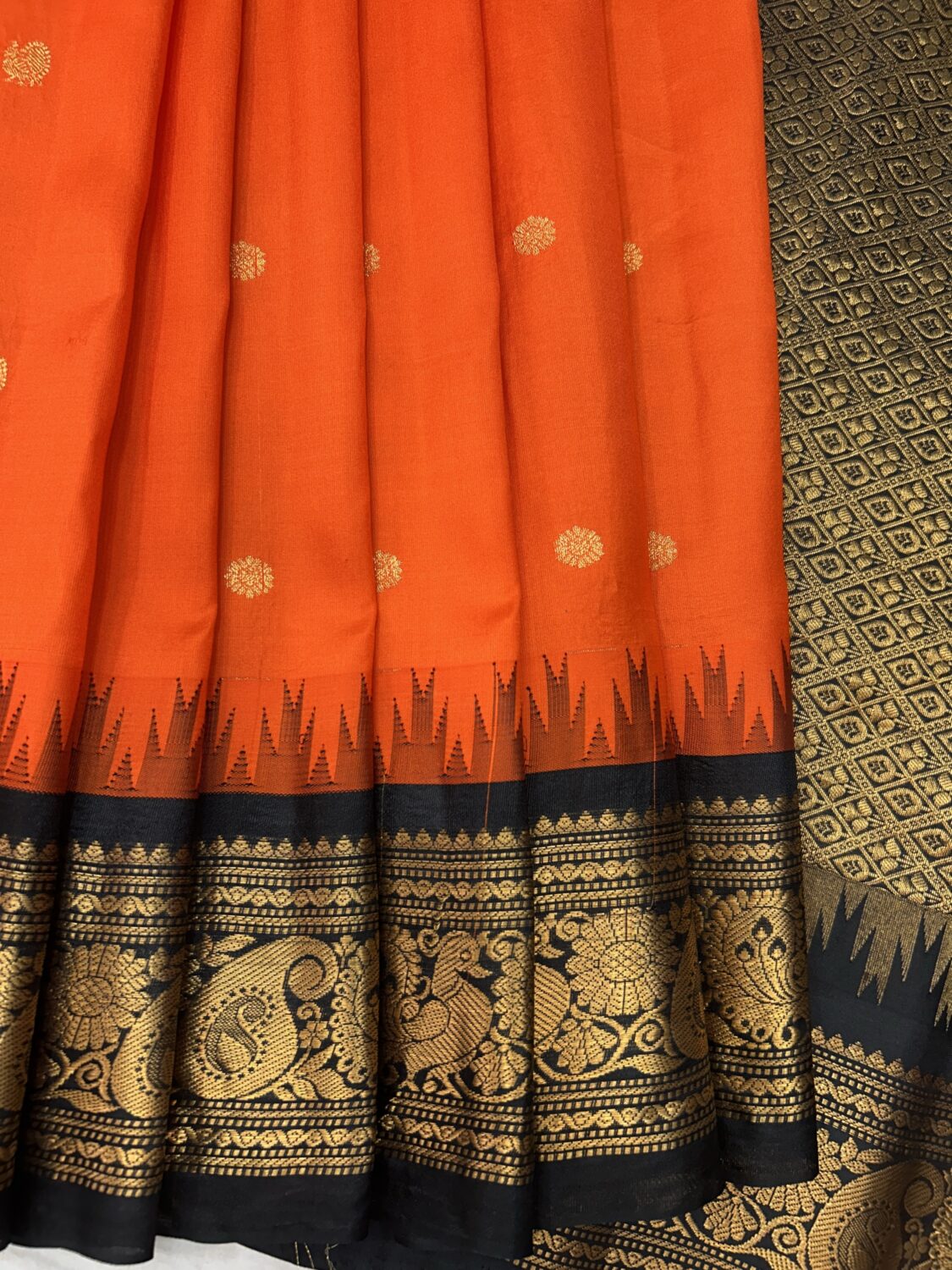 Orange Black Pure Silk Gadwal Saree