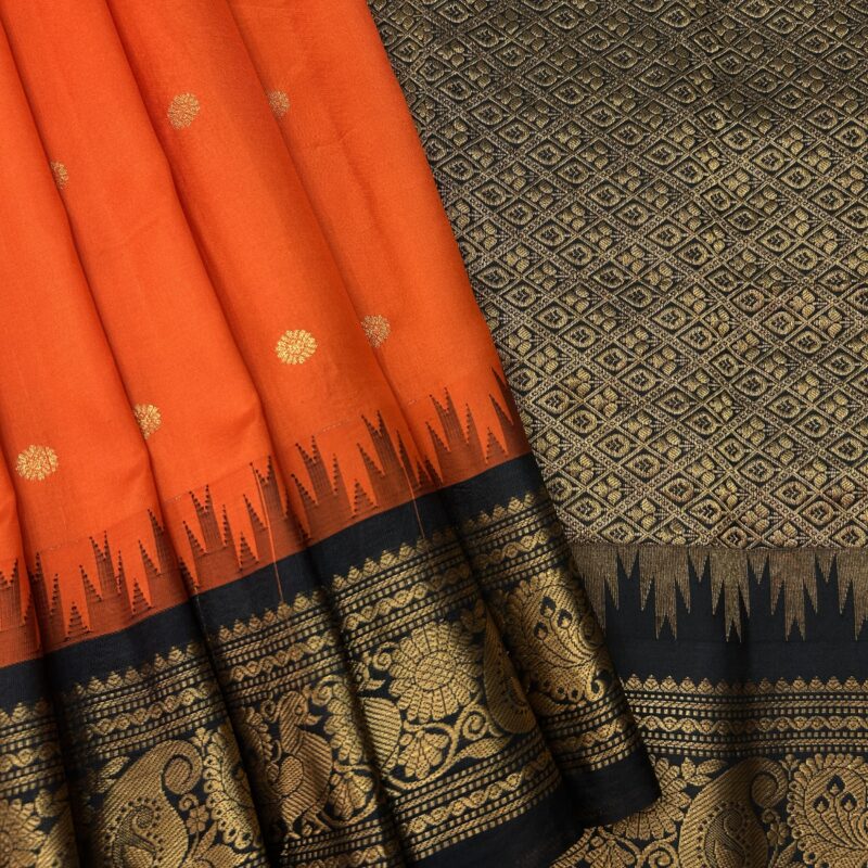 Orange Black Pure Silk Gadwal Saree