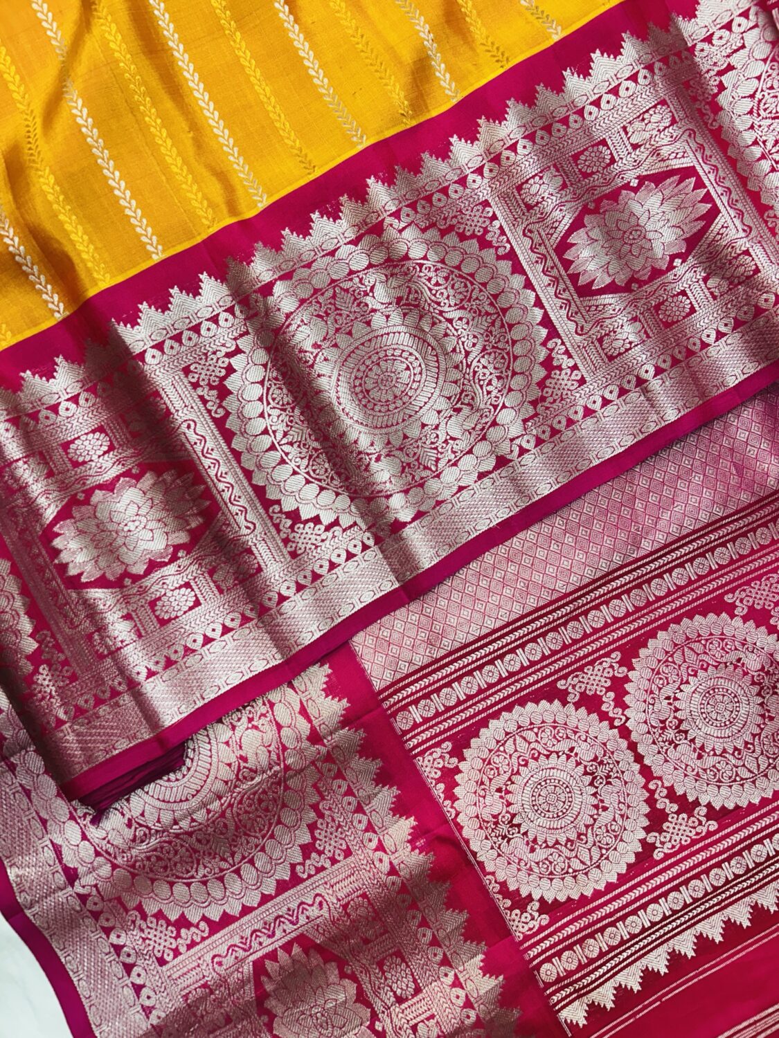 Mustard Yellow Pink Pure Gadwal Silk Saree
