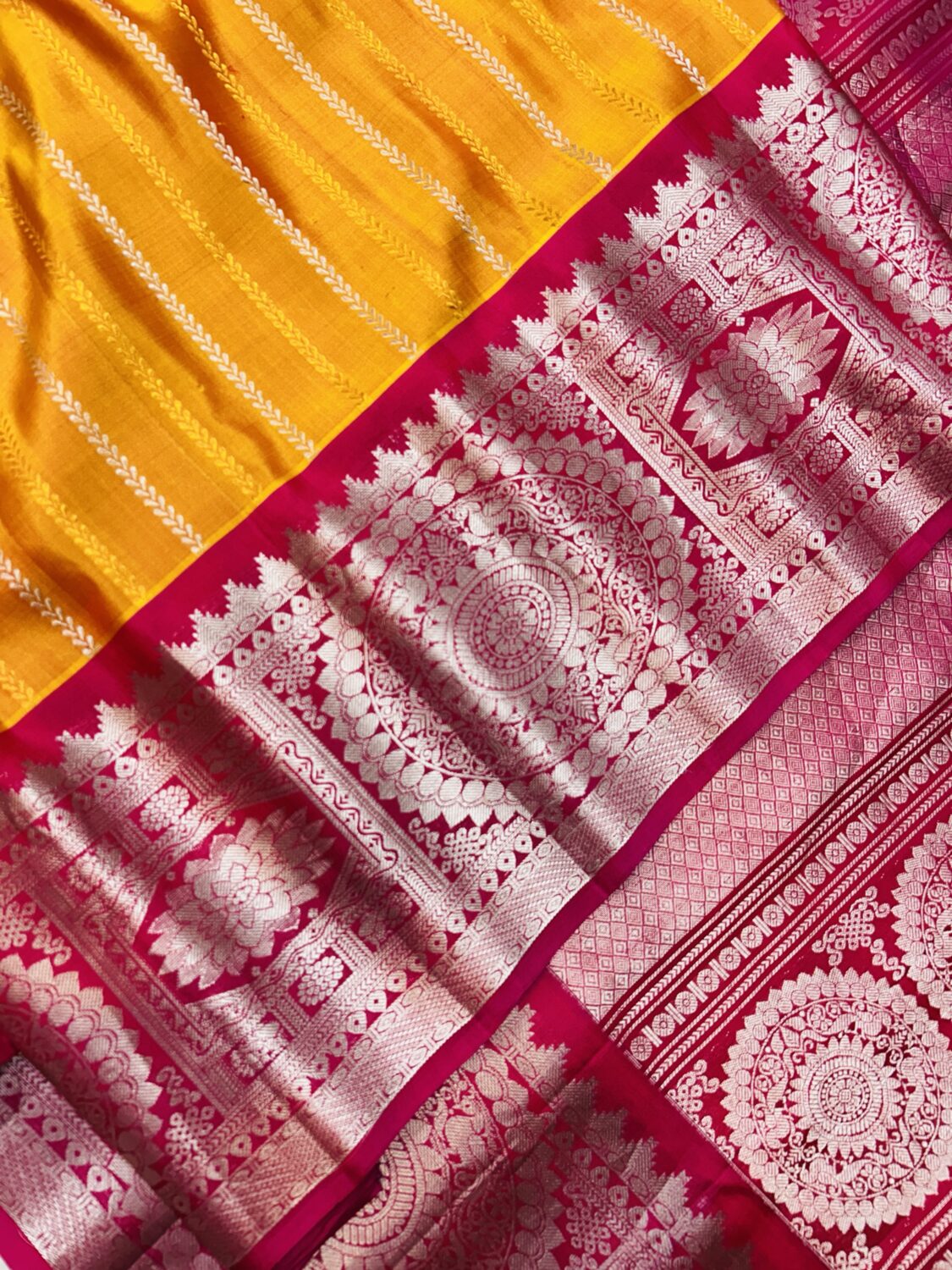 Mustard Yellow Pink Pure Gadwal Silk Saree