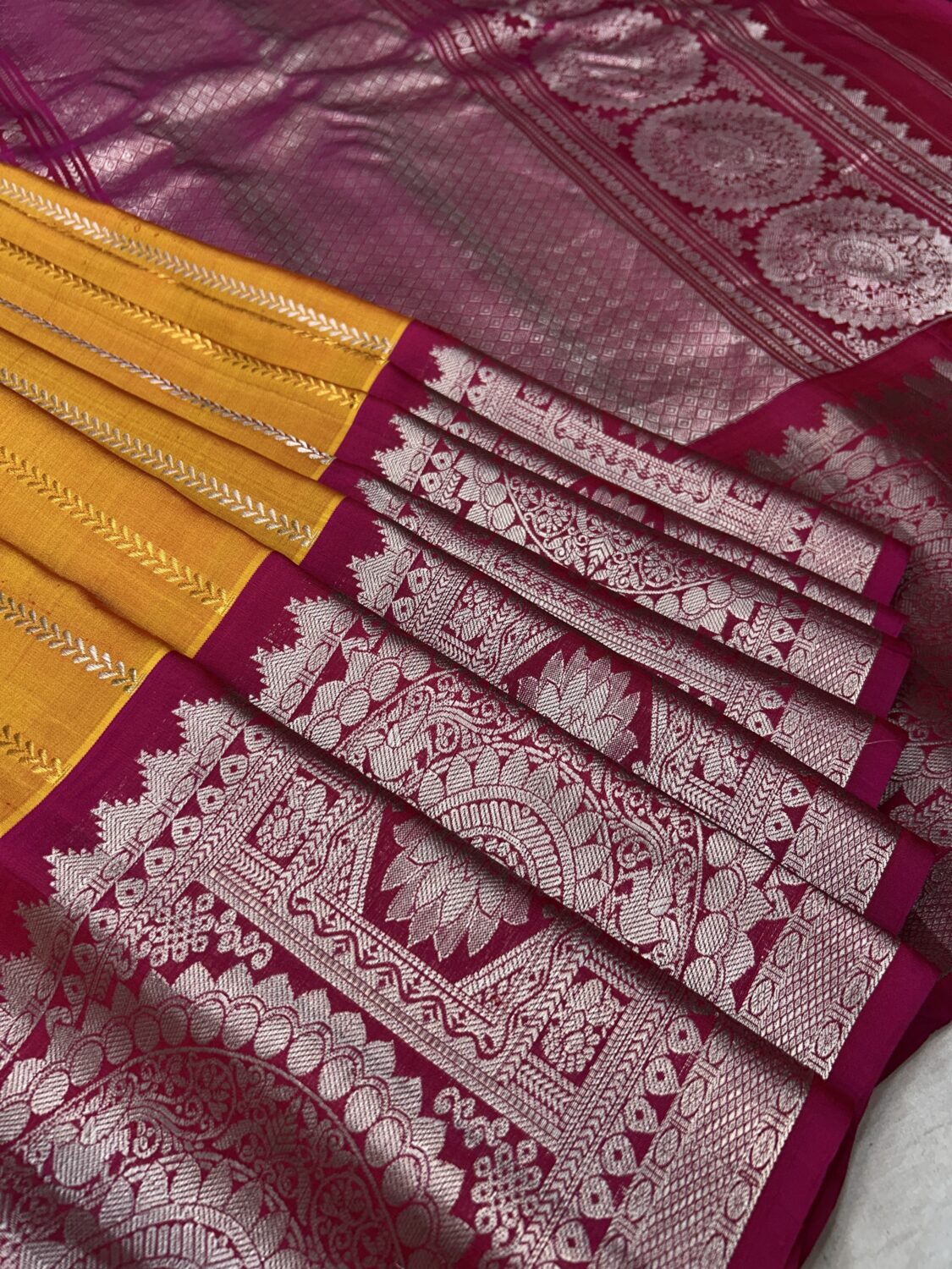 Mustard Yellow Pink Pure Gadwal Silk Saree