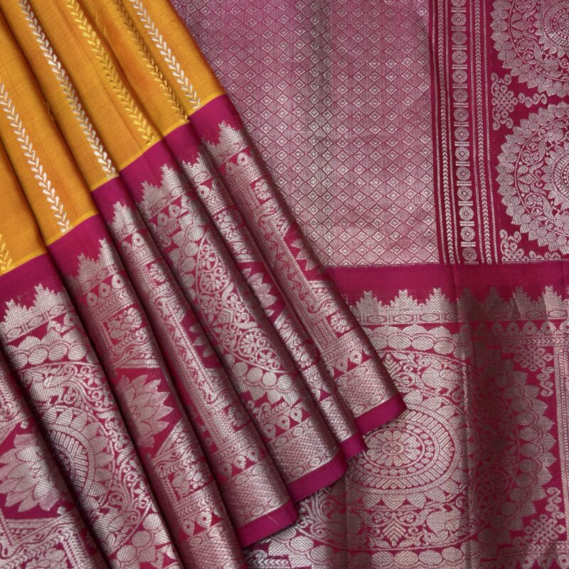 Mustard Yellow Pink Pure Gadwal Silk Saree