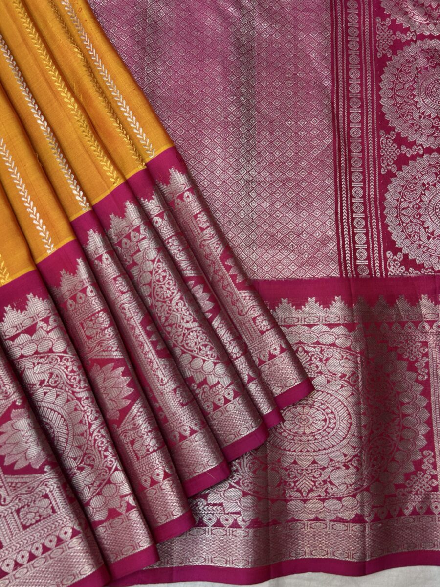 Mustard Yellow Pink Pure Gadwal Silk Saree