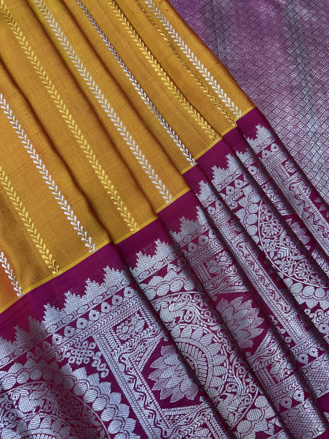 Mustard Yellow Pink Pure Gadwal Silk Saree