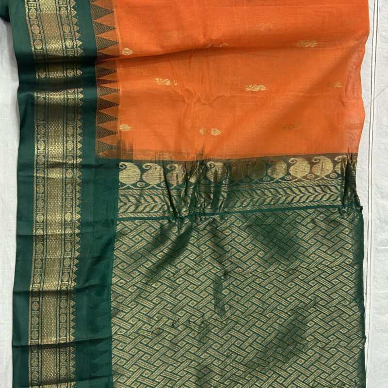 Orange Bottle Green Pure Cotton Gadwal Saree