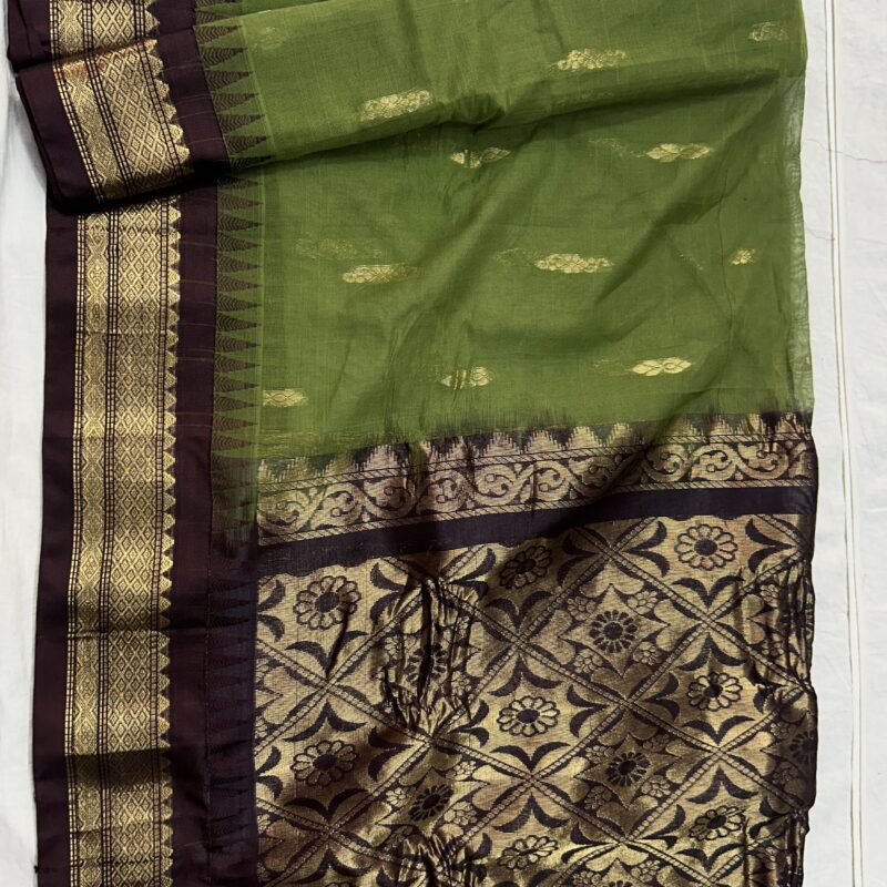 Pesara Green Coffee Brown Pure Cotton Gadwal Saree
