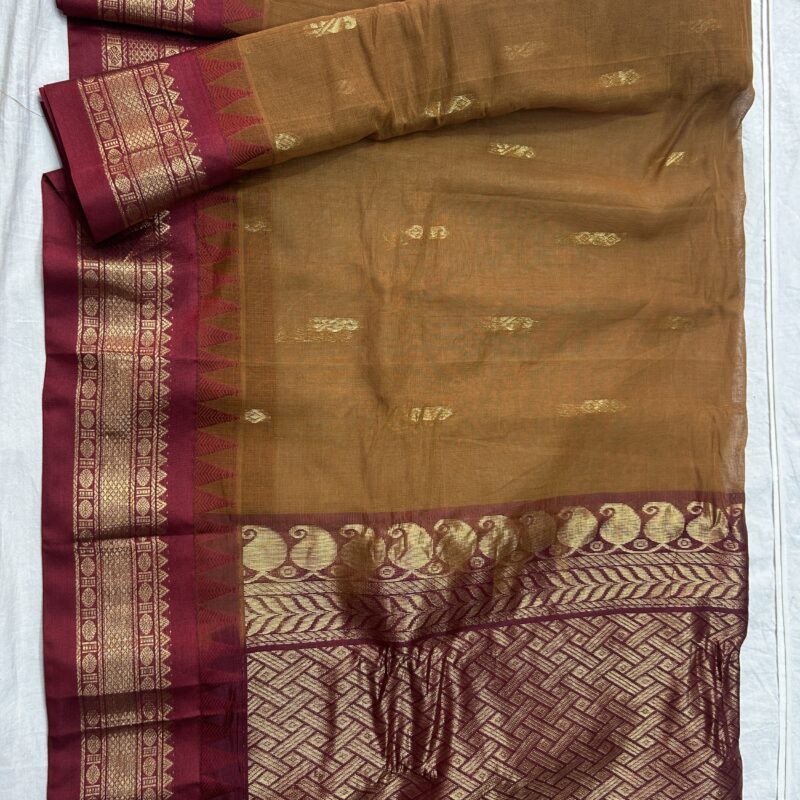 Mustard Maroon Pure Cotton Gadwal Saree