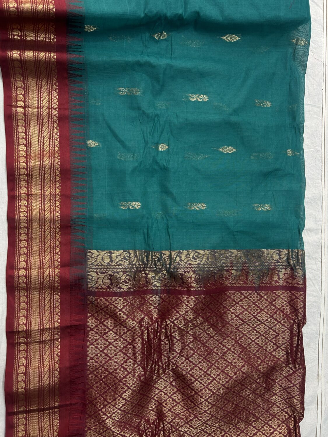 Rama Green Maroon Pure Cotton Gadwal Saree