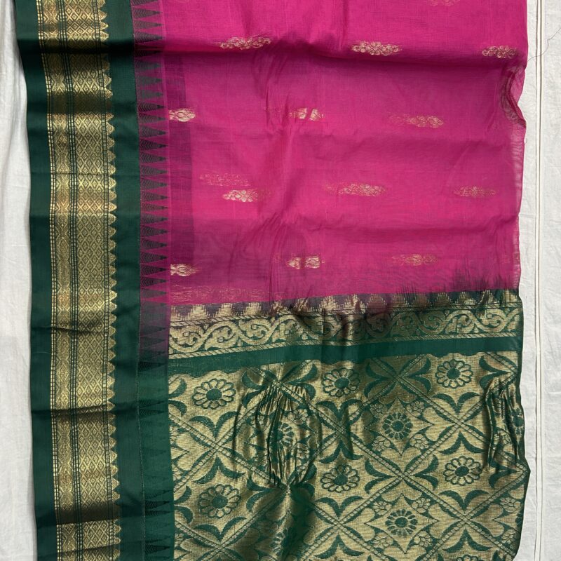 Rani Pink Green Pure Cotton Gadwal Saree