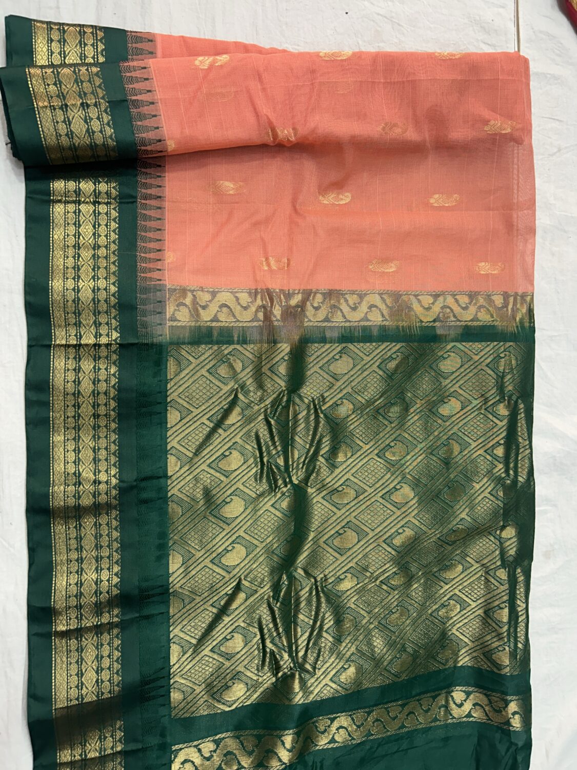 Peach Green Pure Cotton Gadwal Saree