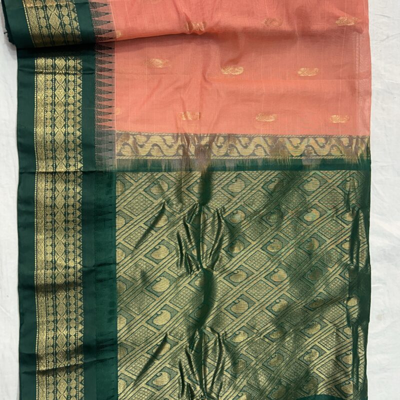 Peach Green Pure Cotton Gadwal Saree