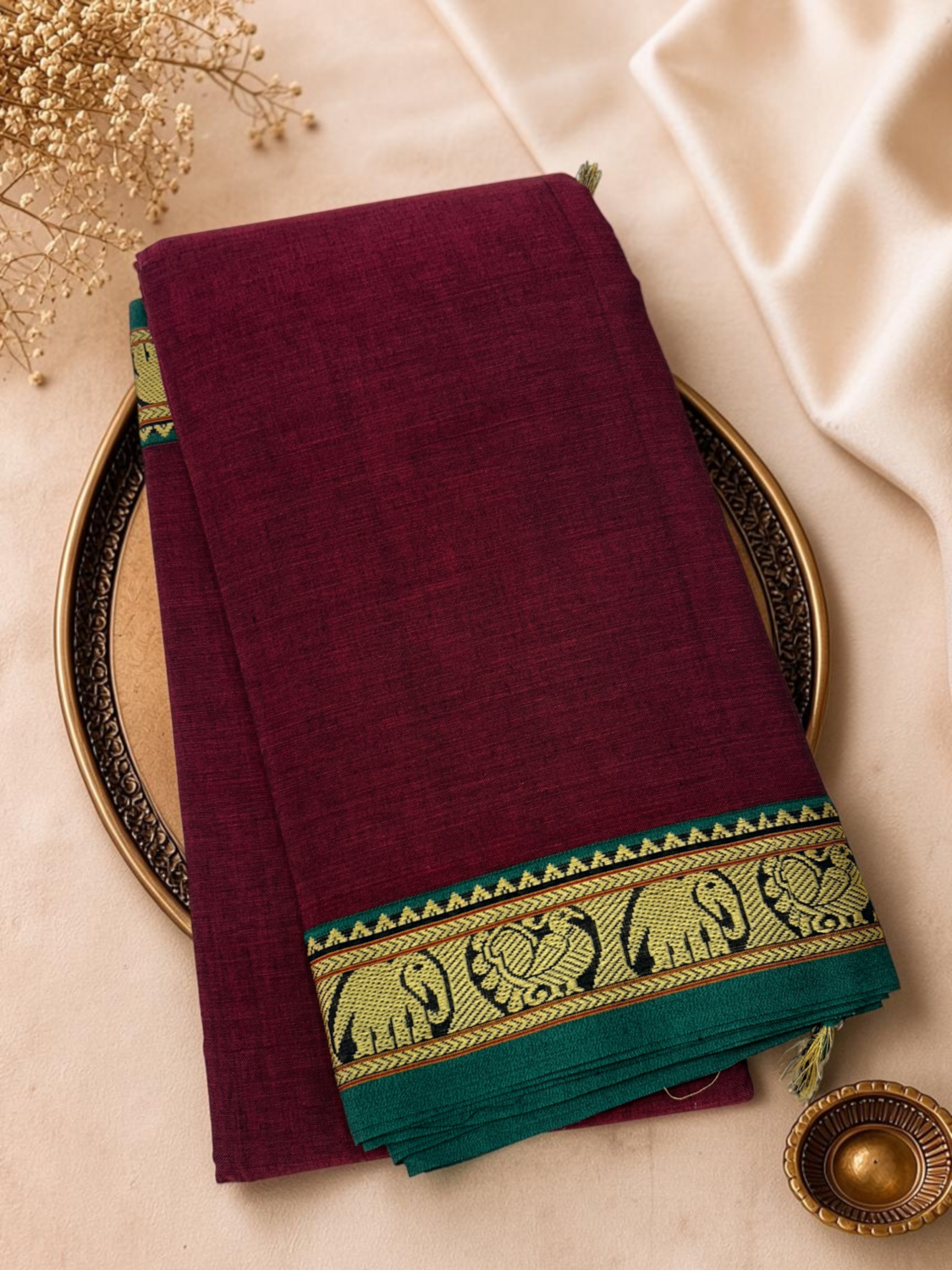 Deep Teal Maroon Mercerised Pure Cotton Gadwal Saree