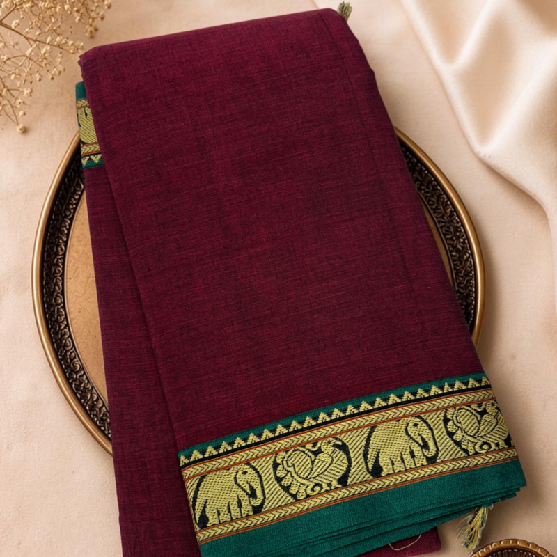 Deep Teal Maroon Mercerised Pure Cotton Gadwal Saree
