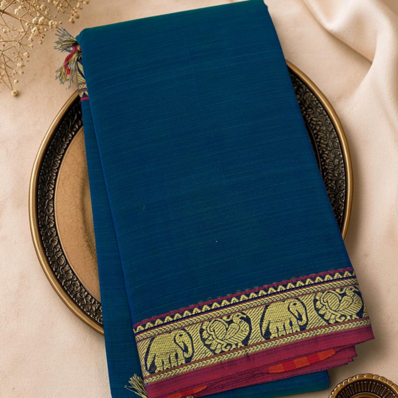 Peacock Blue Pink Mercerised Pure Cotton Gadwal Saree