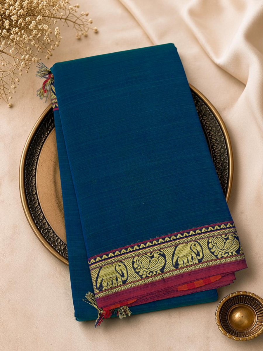 Peacock Blue Pink Mercerised Pure Cotton Gadwal Saree