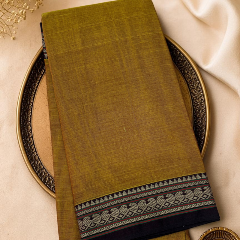 Olive Black Mercerised Pure Cotton Gadwal Saree