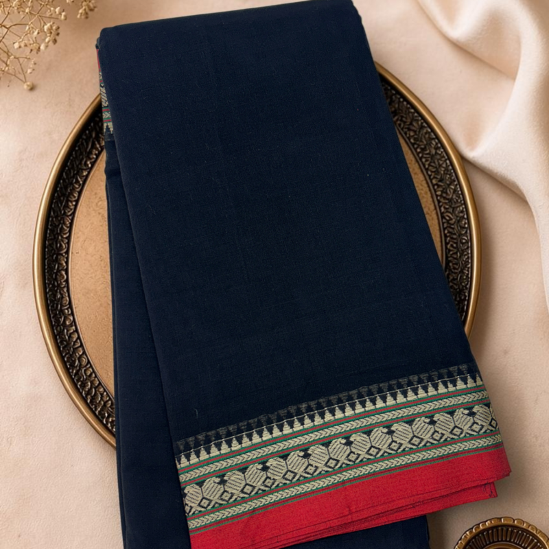 Black Red Mercerised Pure Cotton Gadwal Saree