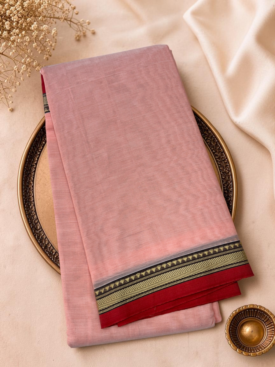 Blush Pink Red Mercerised Pure Cotton Gadwal Saree