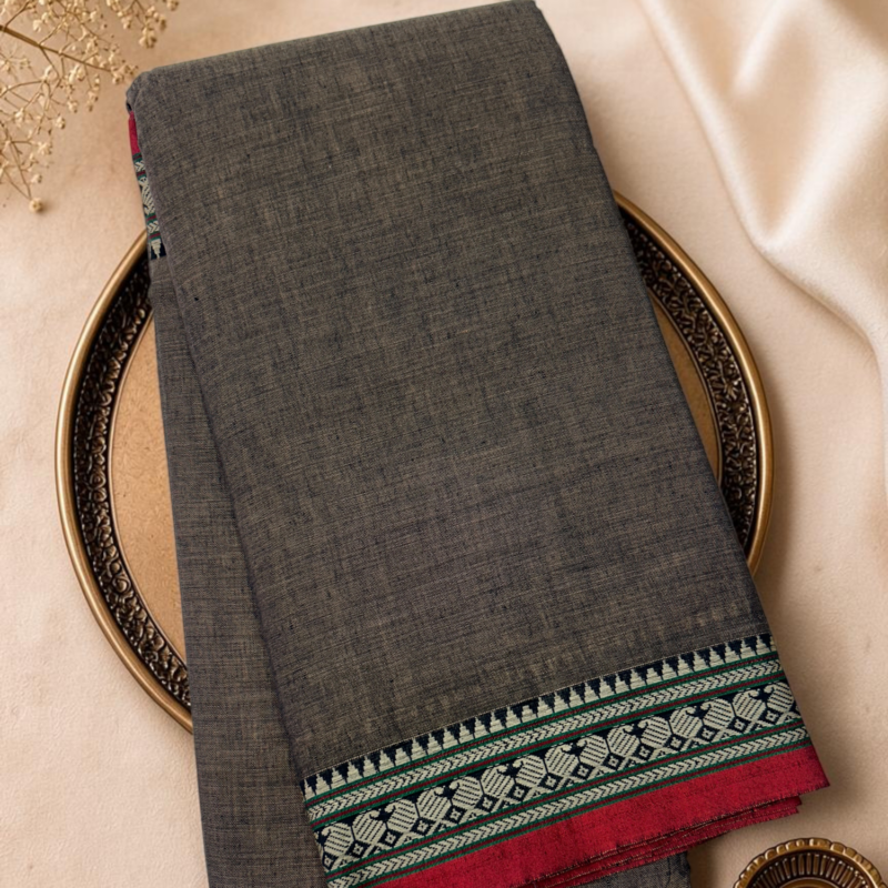 Charcoal Grey Red Mercerised Pure Cotton Gadwal Saree