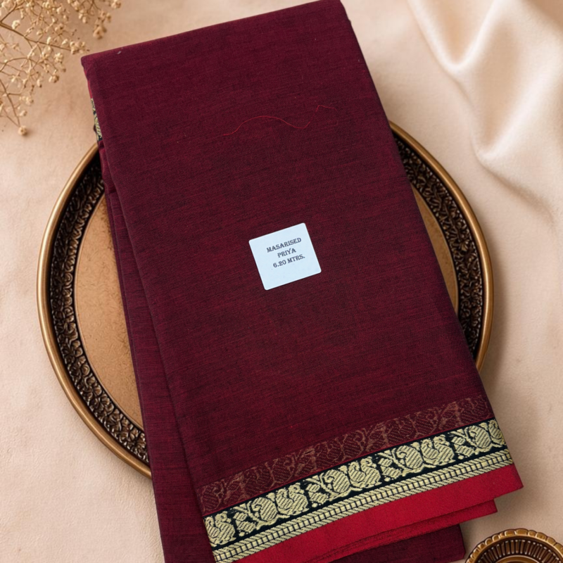 Burgundy Wine Red Mercerised Pure Cotton Gadwal Saree